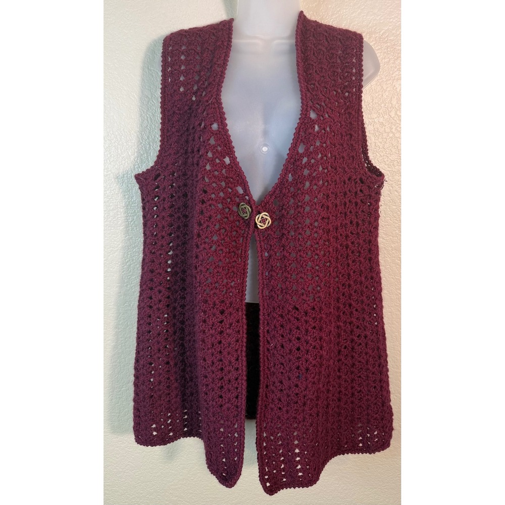 Womens XL Crochet Sweater Vest Burgundy Celtic Knot Button Open Knit Boho Layer